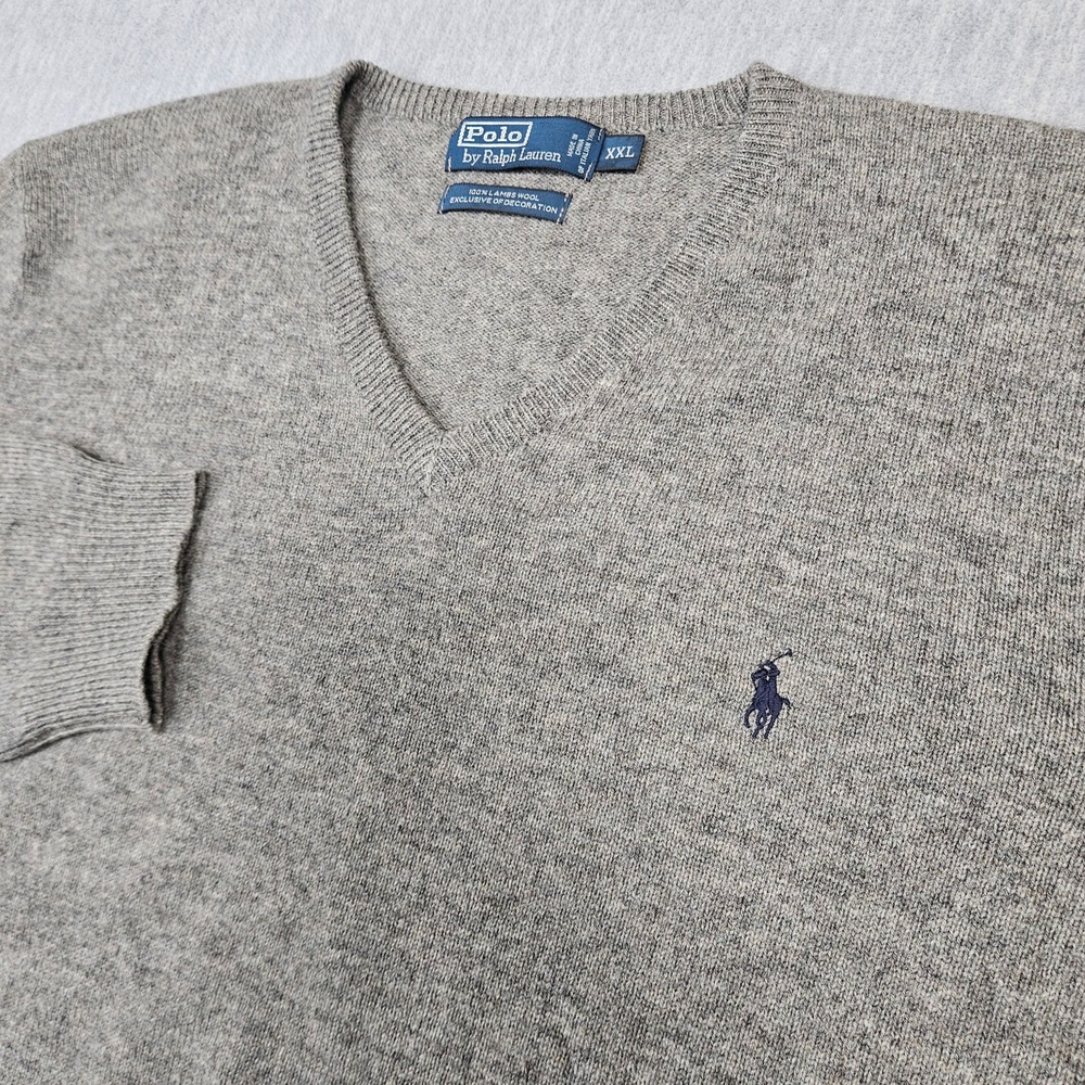 Polo Ralph Lauren Sweater Mens 2XL Gray V-Neck 100% Lambs Wool Pullover